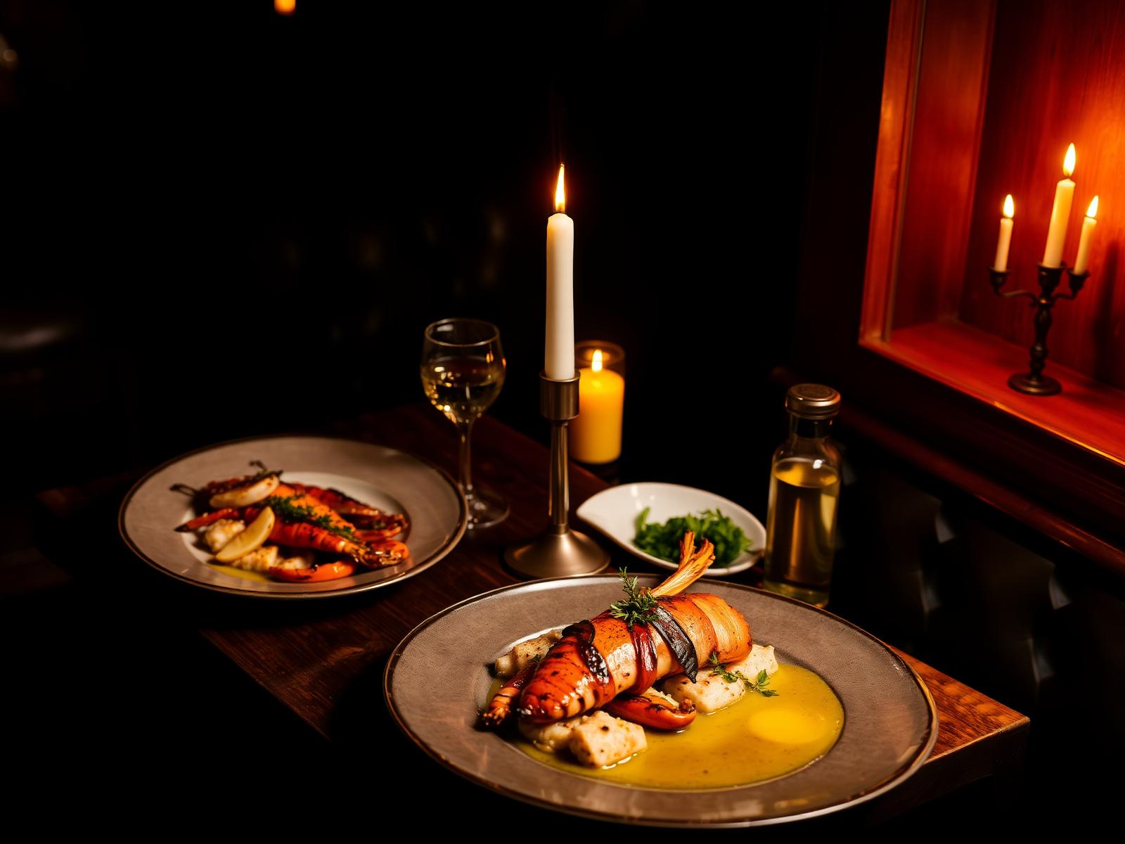Candlelit table with grilled seafood at SCD